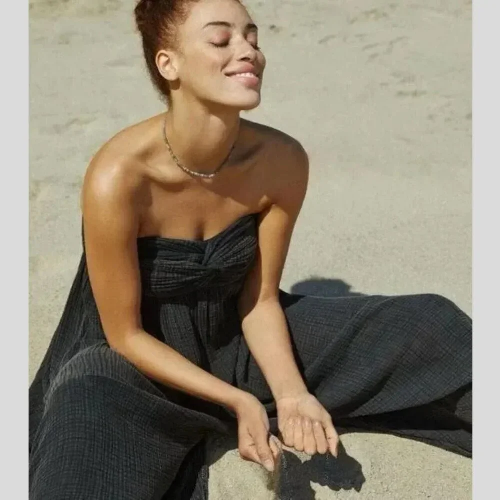 Anthropologie Black Waffle Knit Linen Beach Strapless Harem Jumpsuit - 35353 - Picture 2 of 16